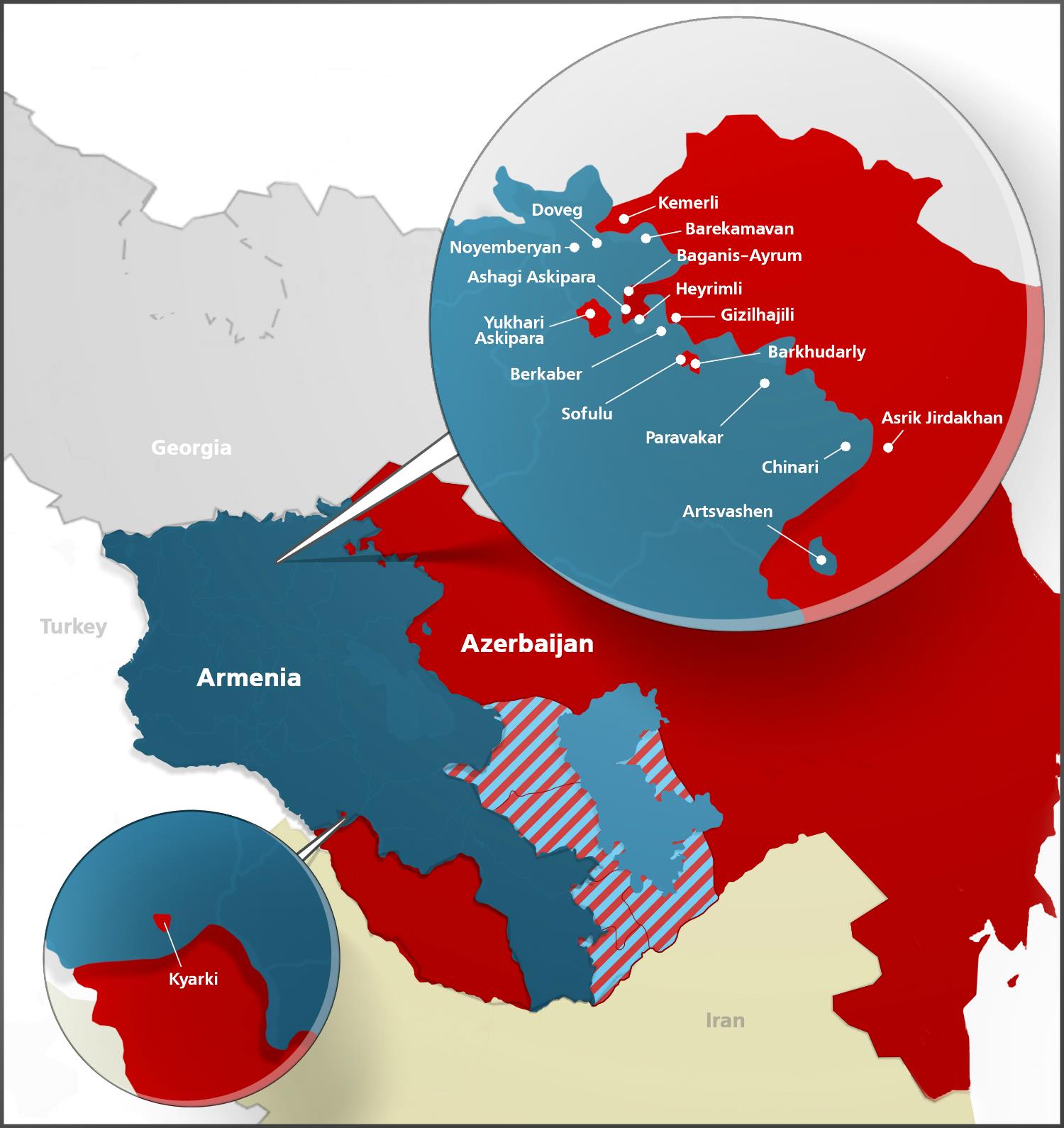 Map of Armenian-Azerbaijani enclaves courtesy of Jam-News.net